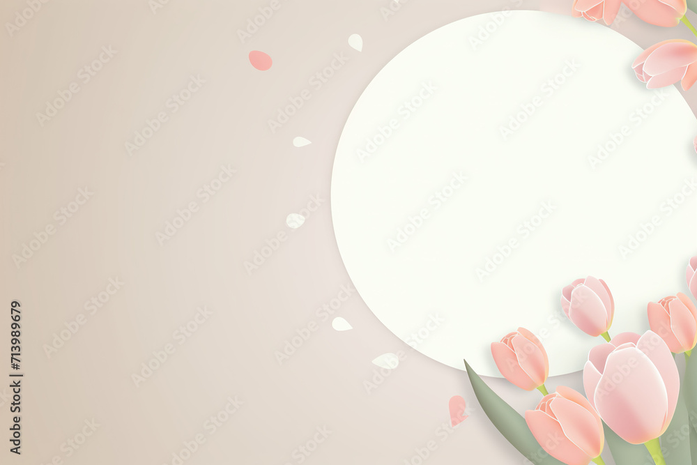  tulip pastel  flowers frame, Vector background with a border of pastel shaded tulips. Card with a round frame and blank space for wedding gifts, bridal shoer, mothers day