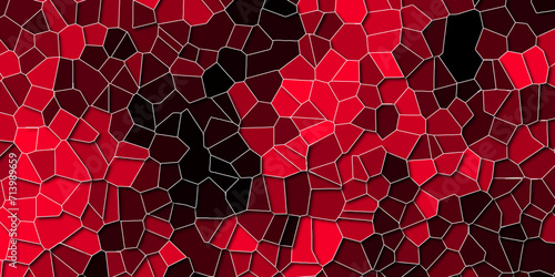 Abstract Light Royel red & black Broken Stained floor design with crack stone. Artful decoration of stone cubes in architectural design. Geometric hexagon tiles textured with cracked rock photo