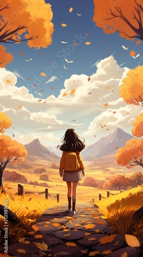 girl walking in Beautiful Nature Autumn cityscape, cartoon style. ai generated © Andrei