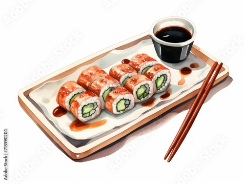 Delicious Sushi Rolls with Chopsticks and Soy Sauce on White Background AI Generated