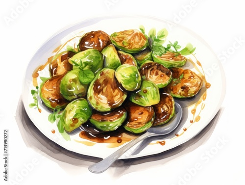 Delicious Pan-Seared Brussels Sprouts with Balsamic Glaze on White Background AI Generated