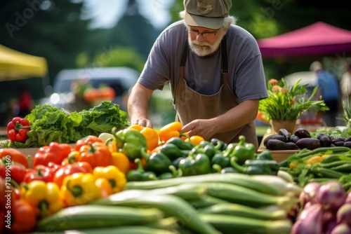 a seller in a fresh market arranging fruit and vegetables  photo