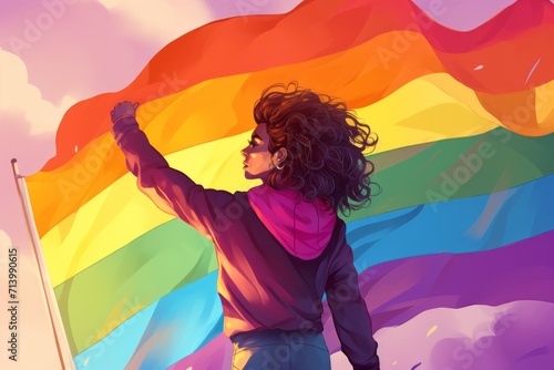 illustration of an LGBTQ person raising arms with the LGBTQ flag in the background