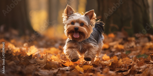 autumn fall dog, Small dog standing on top of pile of leaves © Aoun