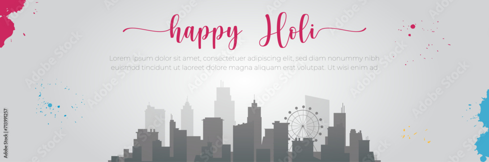 Vector illustration of Holi festival background. Happy Holi Text with People dancing, playing with Colors, Indian city skyline and celebrating Holi festival.
Vector illustration of Holi festival background. Happy Holi Text with People dancing, playing with Colors, Indian city skyline and celebrating Holi festival.