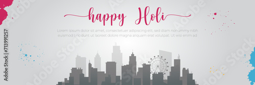 Vector illustration of Holi festival background. Happy Holi Text with People dancing, playing with Colors, Indian city skyline and celebrating Holi festival.
