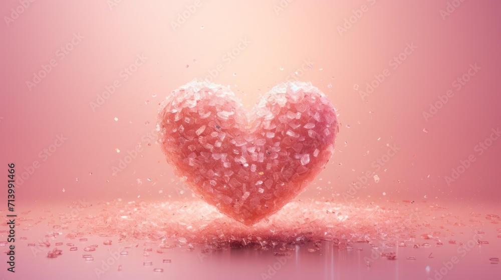 Glowing crystal heart on pink background for Valentine's Day. Love and romance.