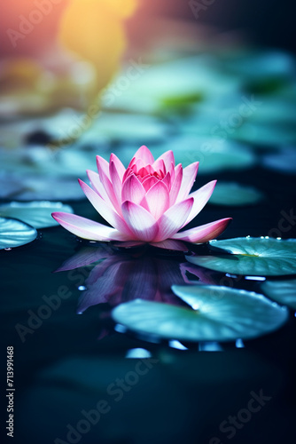 pink lotus flower in the middle of a pond with beauitiful background