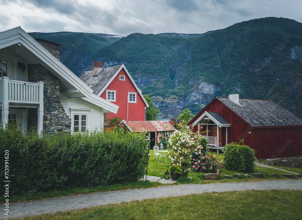 Houses in a traditional Norwegian village, Scandinavian architecture. Travel to Norway