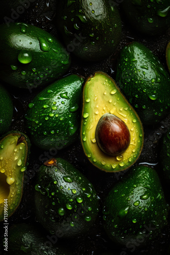 Avocado with glistening droplets of water