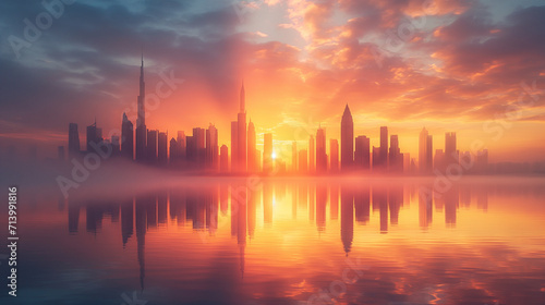  modern city skyline, skyscrapers reflecting warm sunrise