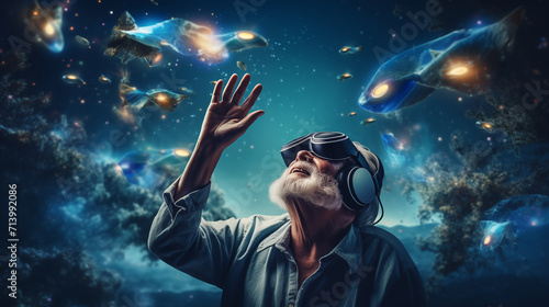 Grandfather looks into virtual reality glasses and sees his childhood dreams about space and other planets. © sky rider
