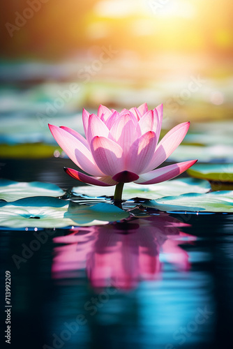 pink lotus flower in the middle of a pond with cyan water