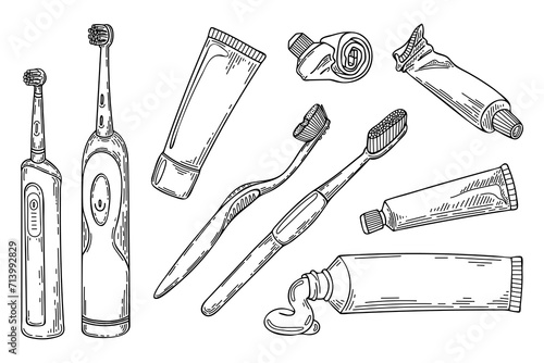 Set toothbrushes and toothpaste sketch. Dental hygiene. Hand drawn line art illustration.