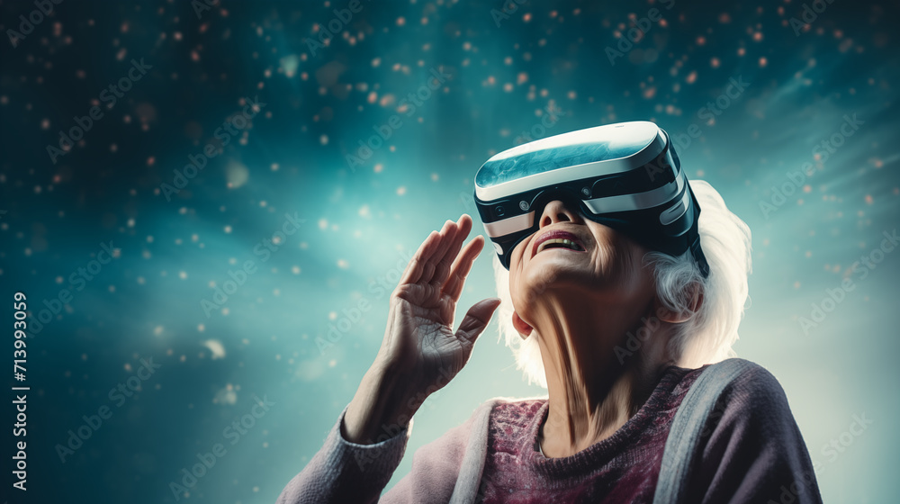 An elderly woman in a virtual reality mask realizes her childhood dreams and sees pictures of space. An elderly woman in a virtual reality mask realizes her childhood dreams and sees pictures of space.