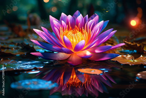 Vibrant lotus flower reflects beauty in tranquil pond with light effect