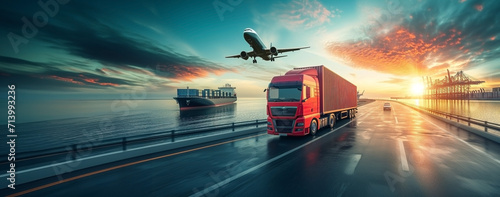 The sun slowly sets and bathes the landscape in warm light. There is also a scene in which trucks, ships and planes transport goods worldwide.