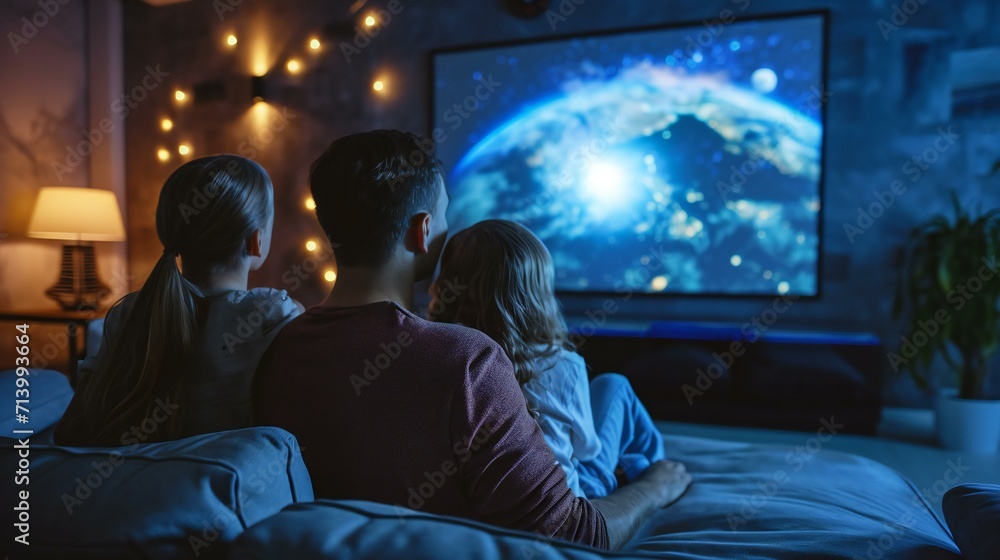 a family watching a movie with a home projector: Family Movie Night with Home Projector a family watching a movie with a home projector: Family Movie Night with Home Projector