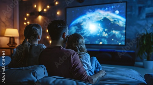 a family watching a movie with a home projector: Family Movie Night with Home Projector