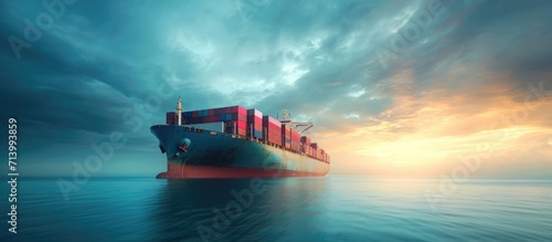 Shipping vessel for transporting cargo containers. photo