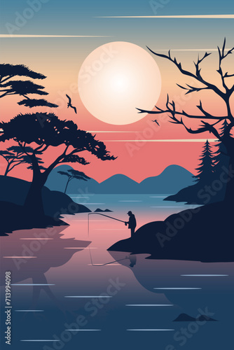 vector illustration of nighttime lake background with silhouettes of islands, mountains, trees, fishermen fishing, perfect for posters etc