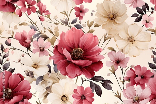  flowers seamless pattern. Poppies, chicory, cosmos flowers, bluebells.