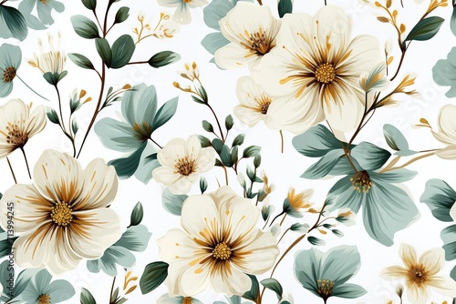  flowers seamless pattern. Poppies, chicory, cosmos flowers, bluebells.