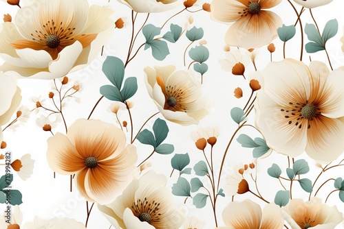  flowers seamless pattern. Poppies, chicory, cosmos flowers, bluebells.