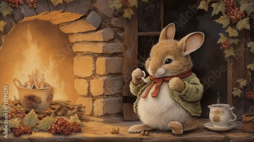Brambly hedge a rabbit drinking cocoa by the fire Ai generated art