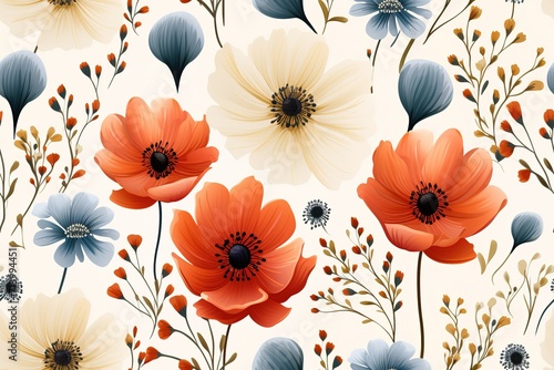  flowers seamless pattern. Poppies, chicory, cosmos flowers, bluebells.