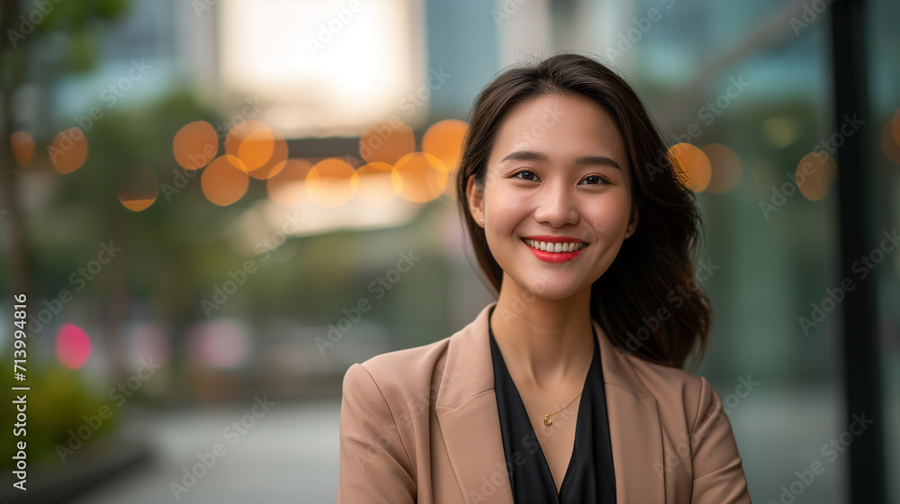 Young asian business woman standing on street in city Young asian business woman standing on street in city