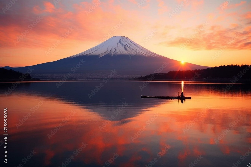 Scenic landscape with Mount Fuji and sunrise over Lake Motosu at dawn. Generative AI