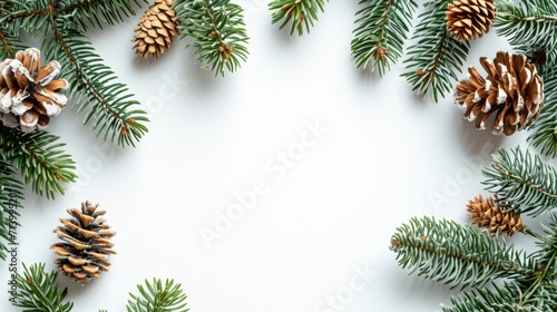 Winter Wonderland - Festive Fir Branches and Cones Border with Space for Text