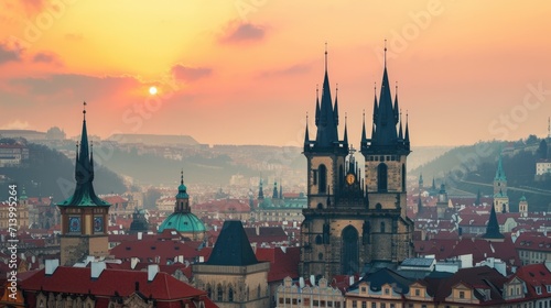 Towering Spires of Prague: A Panoramic View of Our Lady's Cathedral and the Urban Landscape