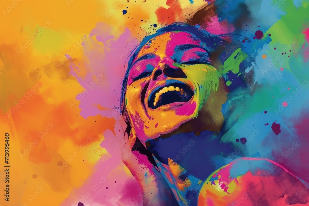 A woman's joyous face covered in a burst of Holi colors.