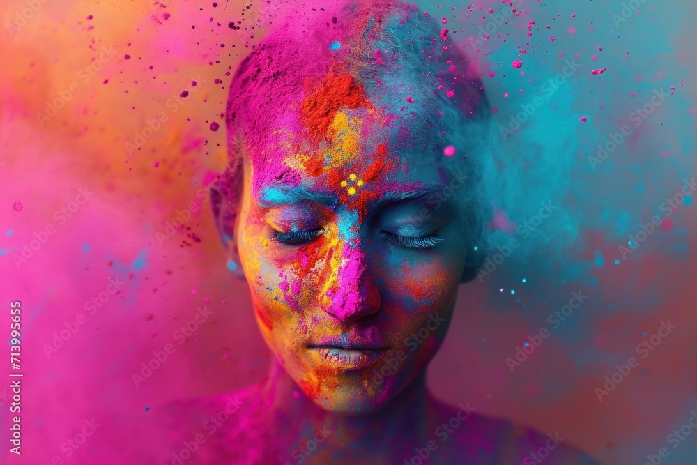 Serene portrait of a woman with closed eyes, covered in Holi colors