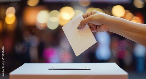 Voting Concept: Hand Inserting Letter into Ballot Box with Blurred People in Background