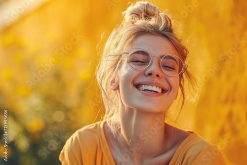 Young woman laughing, enjoying the golden hour outdoors.