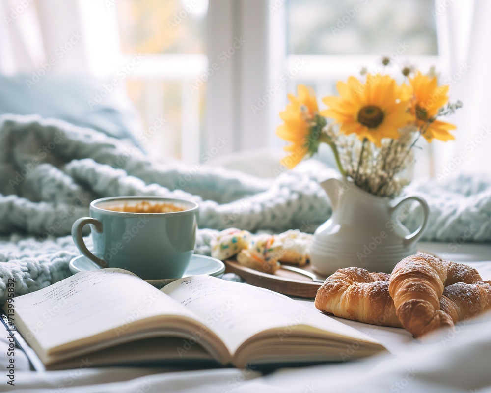 Cozy Reading Nook with Coffee and Croissants Cozy Reading Nook with Coffee and Croissants