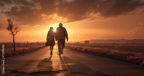 Elderly Couple Walking Into the Sunset