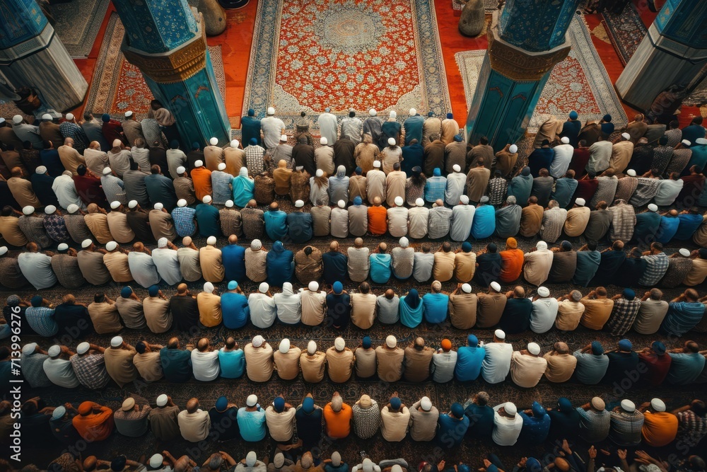 Rear view of a congregation praying together in a mosque, displaying unity and faith