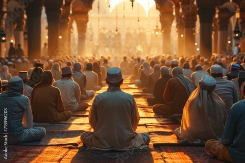 Back view of a man in prayer at sunset, with a mosque congregation in soft golden light