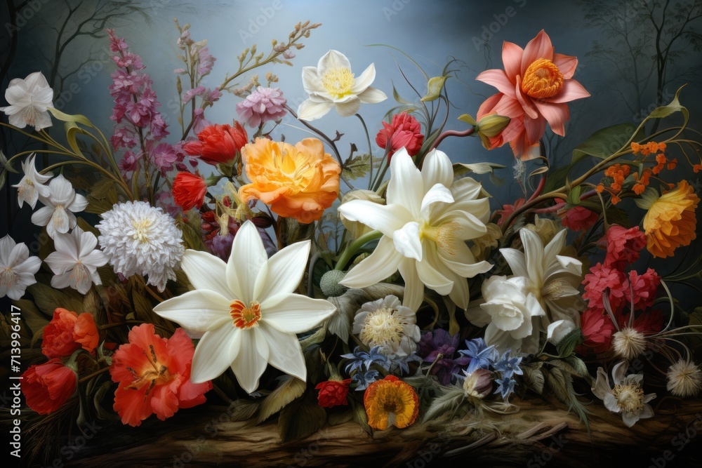 Richly detailed still life painting showcasing a variety of spring flowers in full bloom.