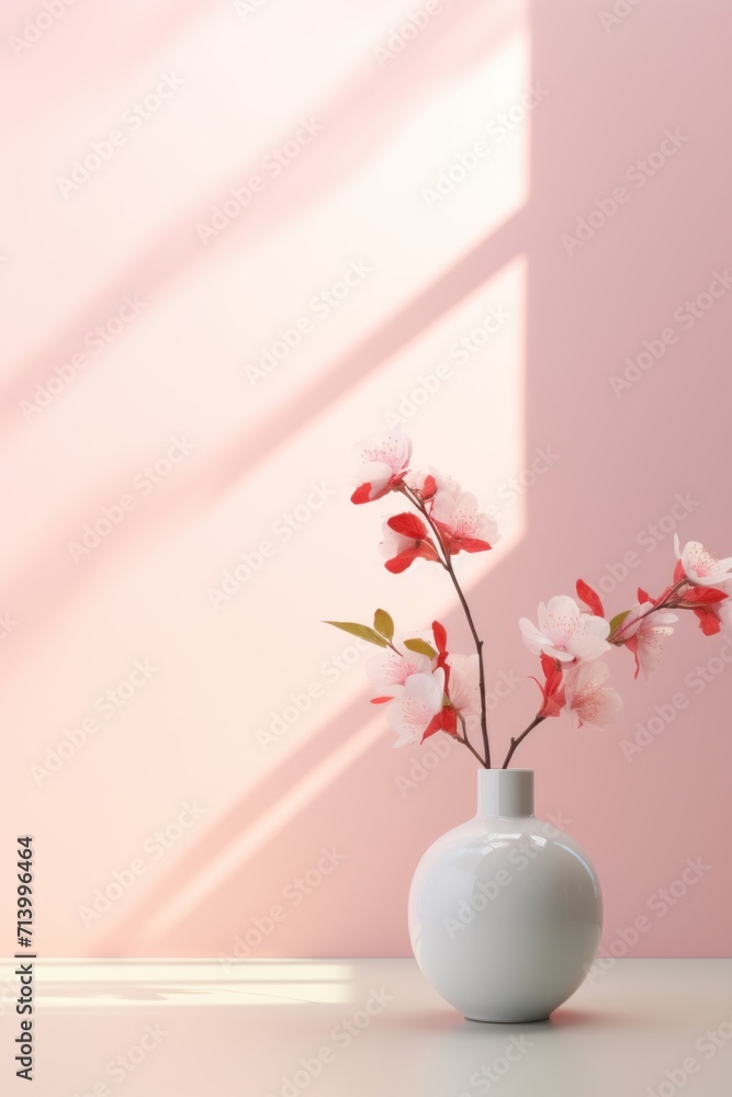 Delicate pink cherry blossoms in a white vase, cast in warm, natural light.