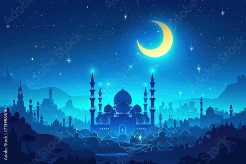 Starry night over a mosque landscape with a glowing crescent moon