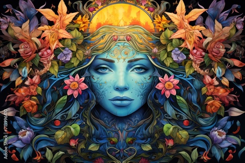 Intricate artwork of a goddess adorned with a rich tapestry of colorful flowers. photo