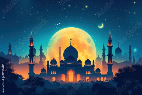 A grand mosque bathed in the glow of a supermoon, evoking wonder