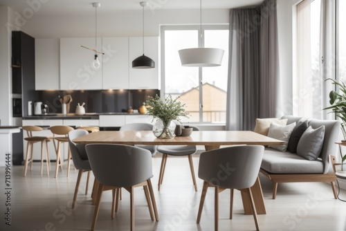 Wallpaper Mural Scandinavian Interior home design of modern dining room with wooden dining table and gray chairs Torontodigital.ca