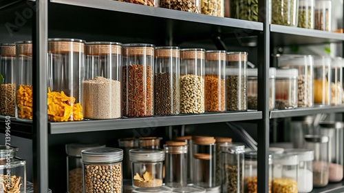 Organized Glass Jars on Kitchen Shelves "Perfectly Organized Glass Jars on Modern Kitchen Shelves"