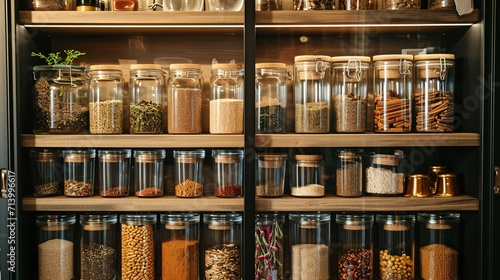 Organized Pantry Shelves with Glass Jars  